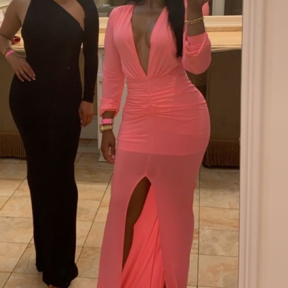 Pink full stretch front rouched maxi dress